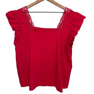 Cupio Blush Square Neck Top Size L Pink Flutter Sleeve Lace Trim Feminine Spring